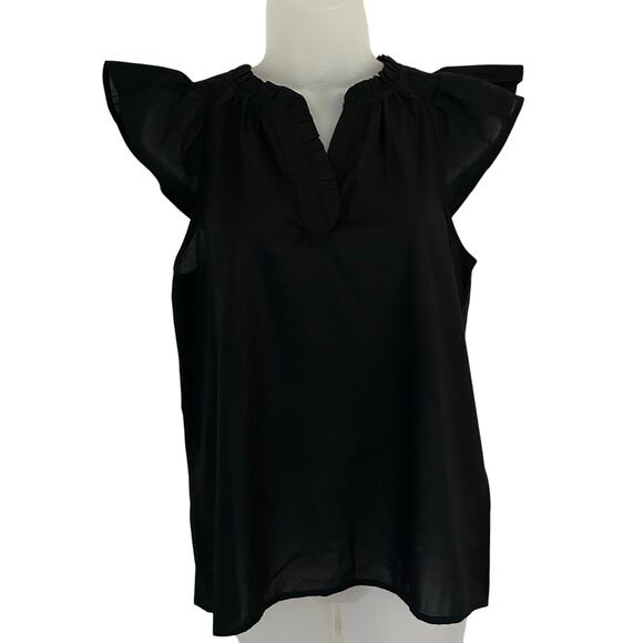 J. Crew Factory Womens Flutter Sleeve V Neck Black Cotton Blouse Top XS NEW - Picture 1 of 6